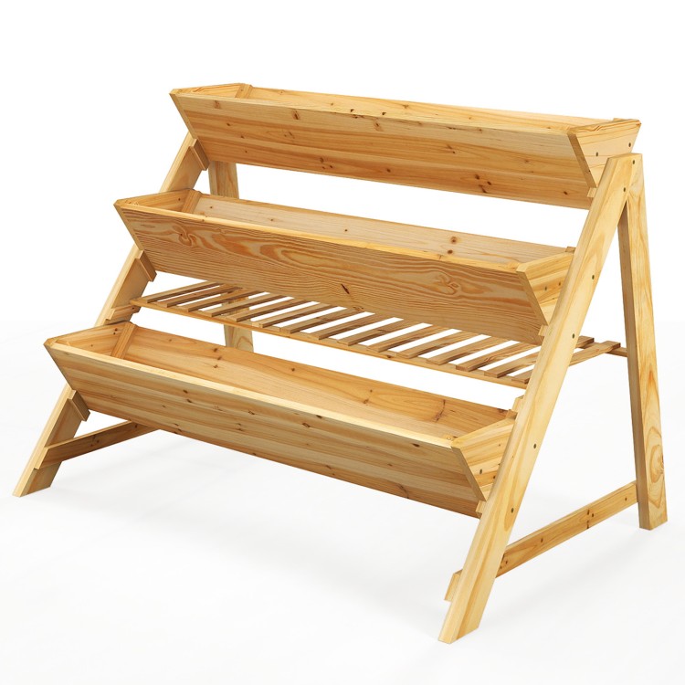 Three-tier wooden vertical raised garden bed with storage shelf, made of fir wood, ideal for flowers and vegetables.