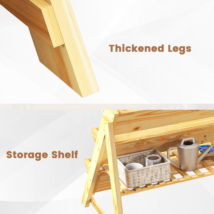Thickened legs of the 3 tier wooden vertical raised garden bed with storage shelf for enhanced stability and support.