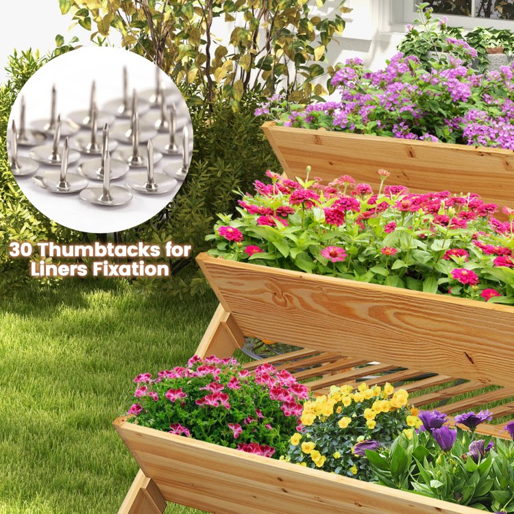 3 tier wooden vertical raised garden bed with colorful flowers, featuring drainage holes and a storage shelf for.