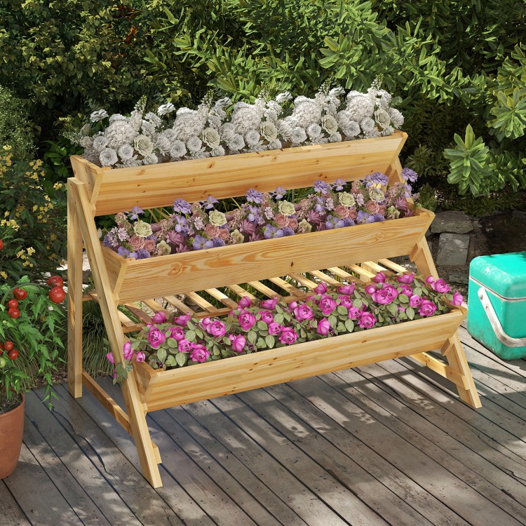 Wooden vertical raised garden bed with three tiers and a storage shelf, featuring a compact design for efficient.