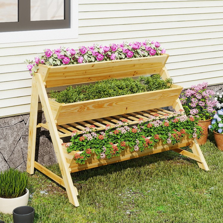 Three-tier wooden vertical raised garden bed with storage shelf, made of fir wood, ideal for flowers and herbs.