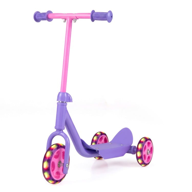 Purple 3-wheel scooter for kids with LED light-up wheels and wide anti-slip deck, perfect for stability and fun rides.