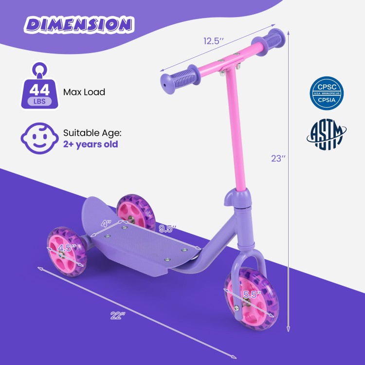 3-wheel purple scooter for kids 2+, featuring LED light-up wheels and wide anti-slip deck for enhanced stability.