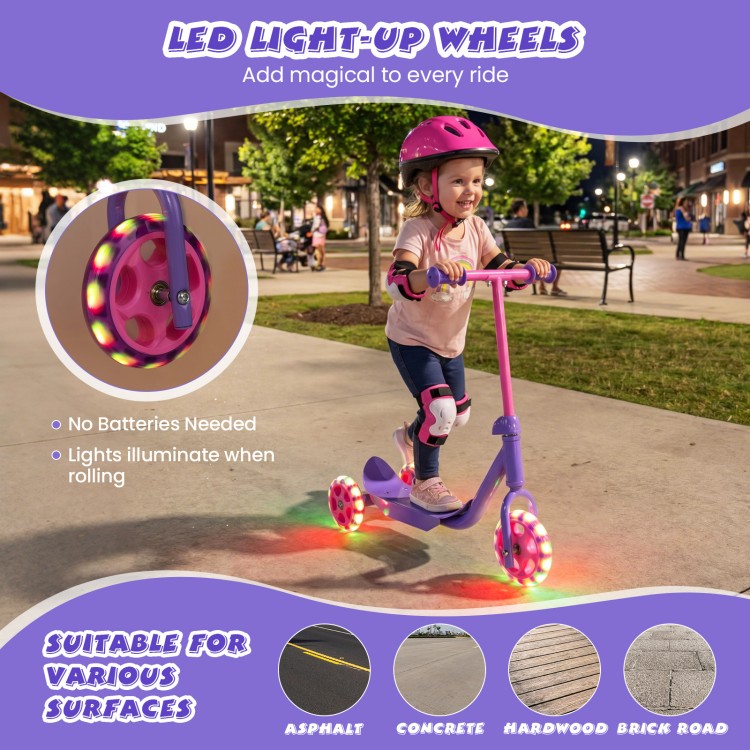 3-wheel purple scooter for kids with LED light-up wheels, anti-slip deck, and durable design for various surfaces.