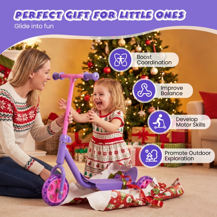 3-wheel purple scooter for kids with LED light-up wheels, anti-slip deck, promoting balance and coordination.