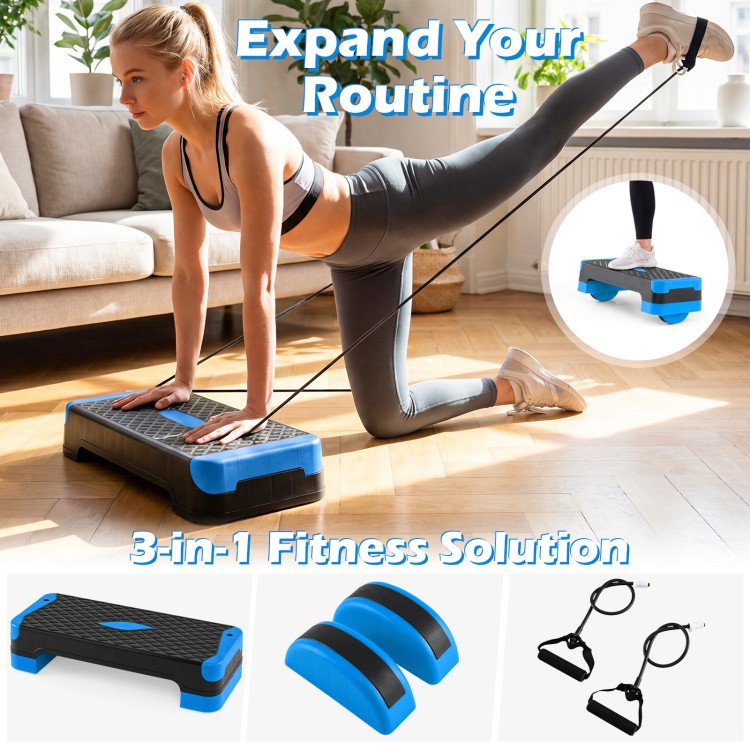3-in-1 aerobic step platform set in blue with stackable risers and resistance bands for versatile home workouts.
