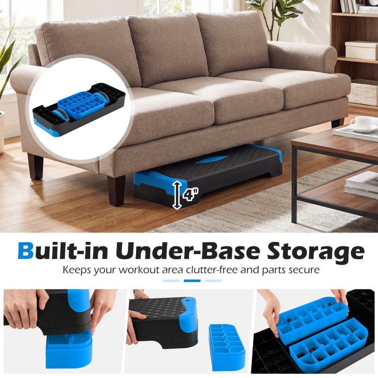 3-in-1 aerobic step platform set in blue with built-in under-base storage for clutter-free workouts and secure parts.