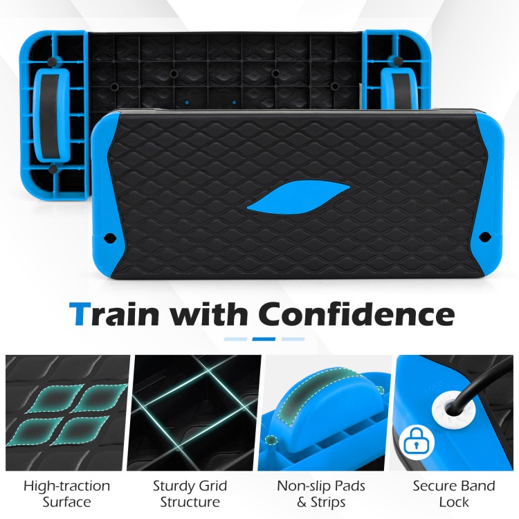3-in-1 aerobic step platform set in blue with sturdy grid structure, non-slip pads, and secure resistance band lock.