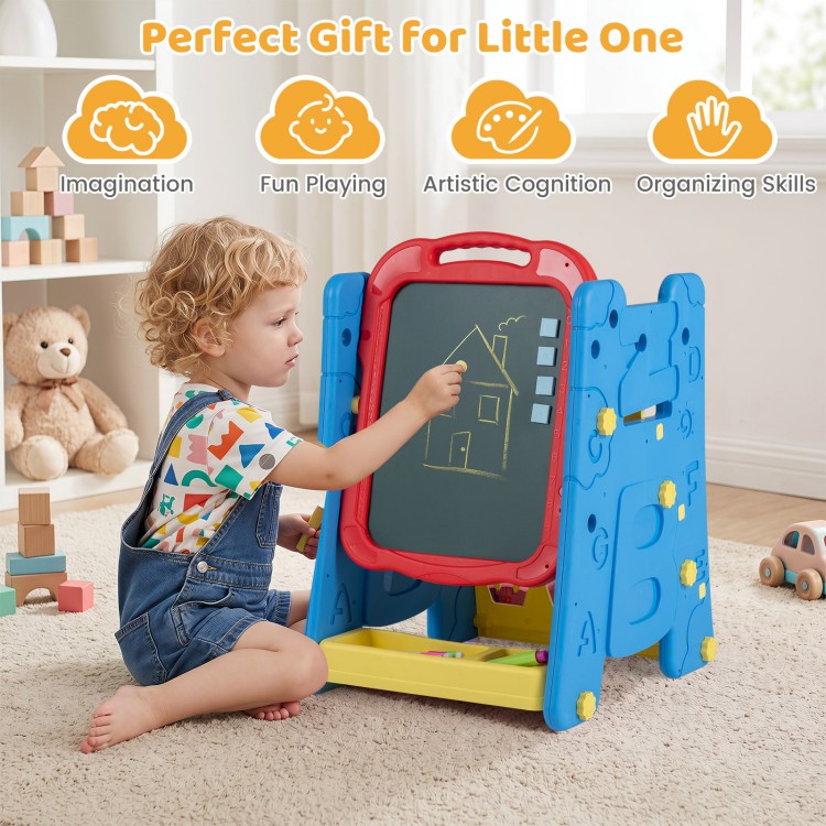 Colorful 3-in-1 art easel for kids features a double-sided magnetic board, adjustable height, and ample storage for creative play.