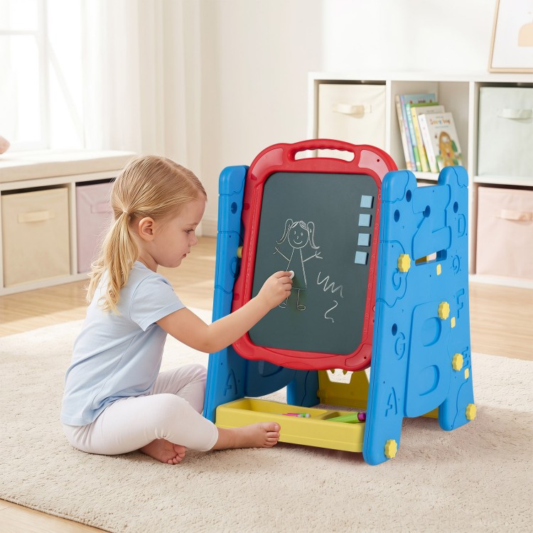 Colorful 3-in-1 art easel for kids features a double-sided magnetic board, adjustable height, and ample storage for art supplies.