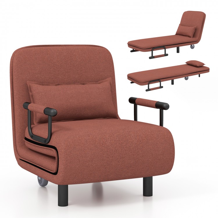 Brown 3-in-1 convertible sofa bed with 5-position adjustable backrest and removable lumbar pillow for versatile comfort.
