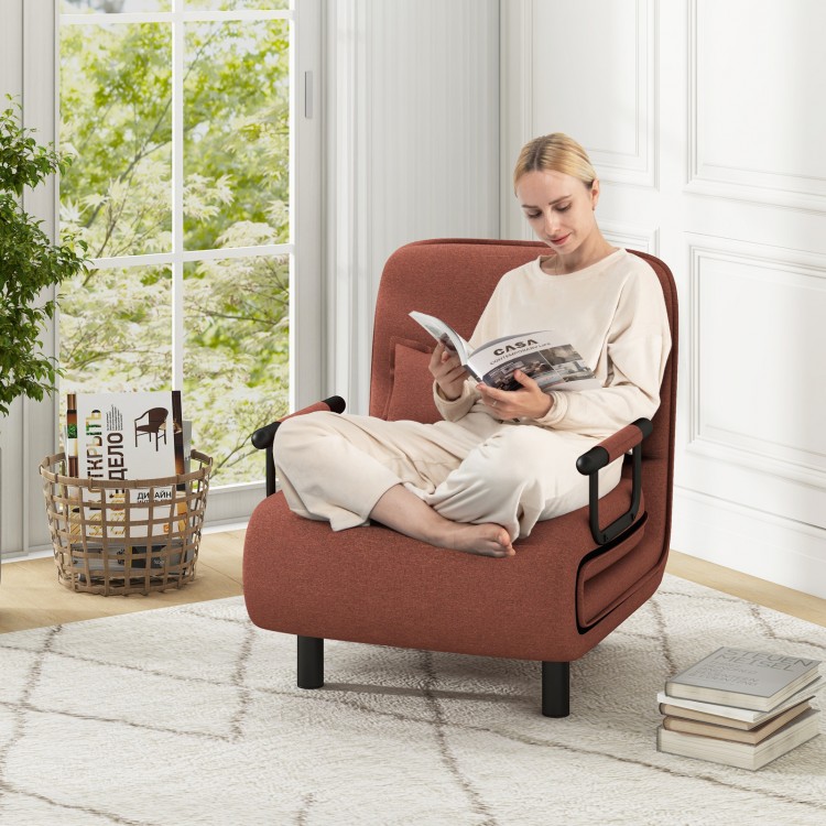 Brown 3-in-1 convertible sofa bed with adjustable backrest, featuring a removable lumbar pillow for added comfort.