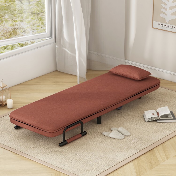Brown 3-in-1 convertible sofa bed with adjustable backrest and lumbar pillow, ideal for versatile comfort and.