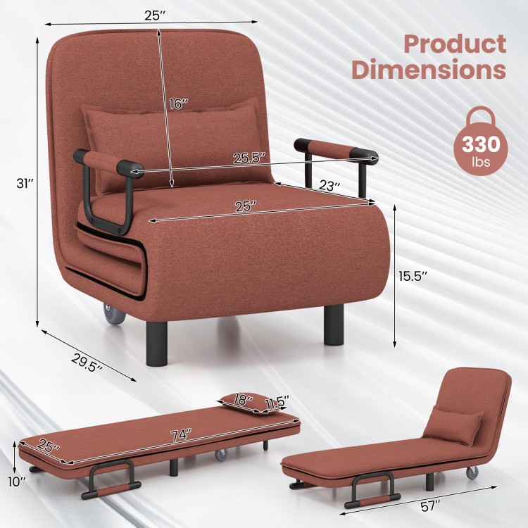 3-in-1 convertible sofa bed in brown with adjustable backrest, measuring 25" x 31" x 29.5", perfect for versatile use.
