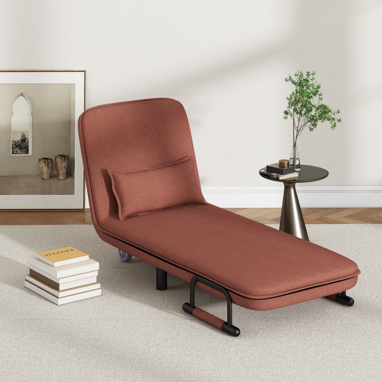 Brown 3-in-1 convertible sofa bed with adjustable backrest and lumbar pillow, ideal for versatile relaxation.
