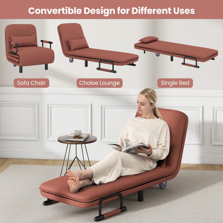 3-in-1 convertible sofa bed in brown, shown as a chaise lounge with adjustable backrest and removable lumbar pillow.