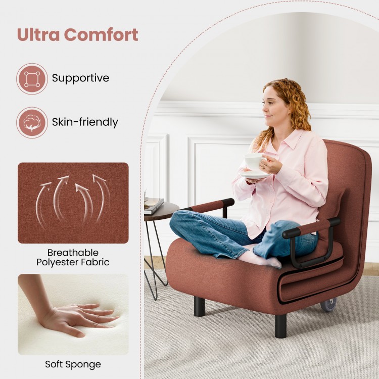 3-in-1 convertible sofa bed in brown with adjustable backrest and lumbar pillow, designed for ultimate comfort and.