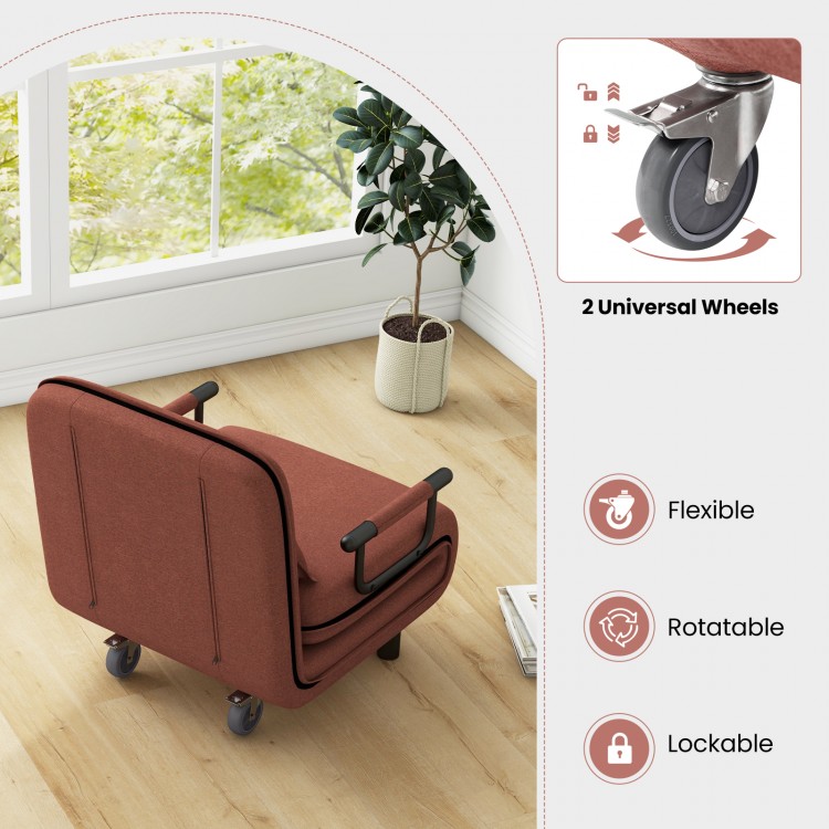 Brown 3-in-1 convertible sofa bed with adjustable backrest and lockable wheels for flexible mobility and comfort.
