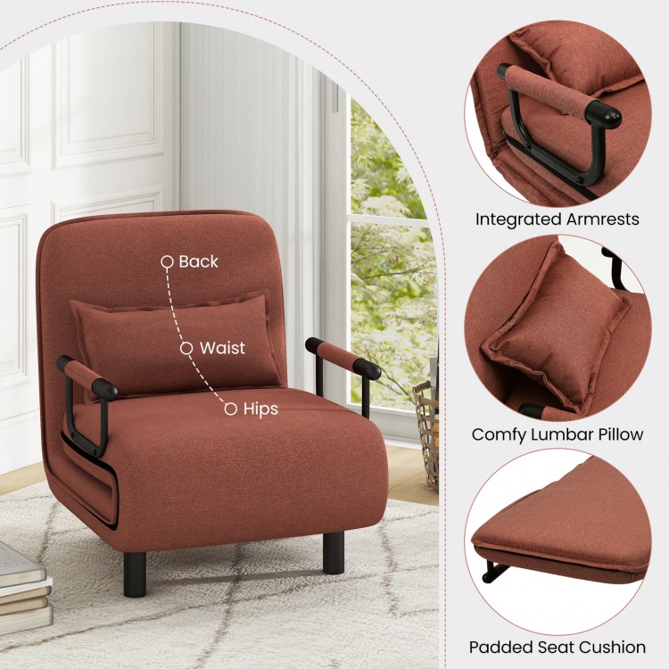 Brown 3-in-1 convertible sofa bed with adjustable backrest, lumbar pillow, and integrated armrests for versatile.
