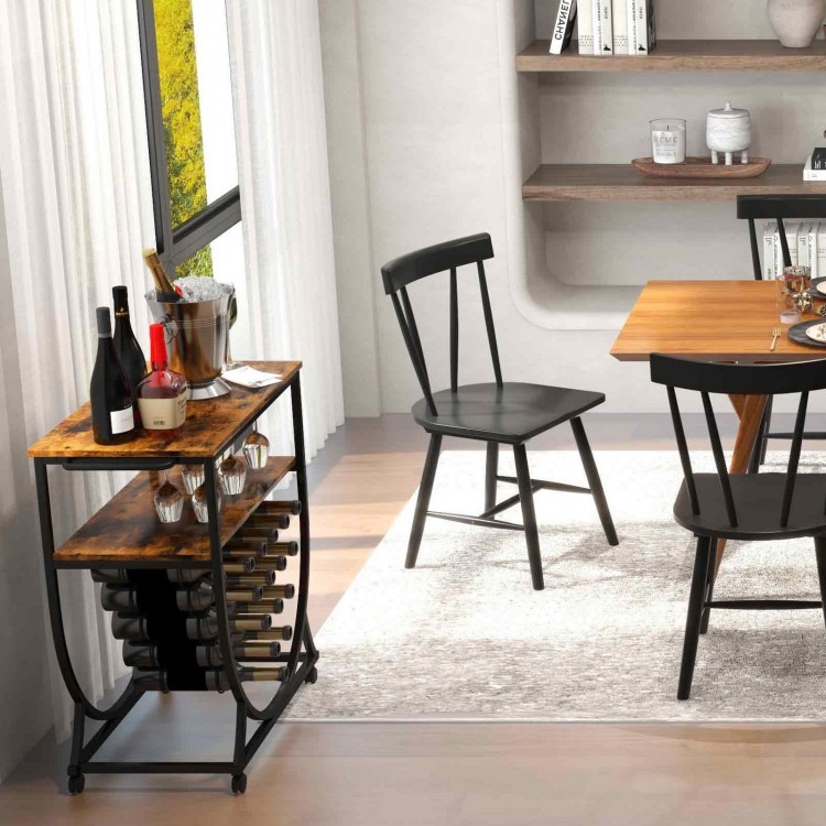 Industrial sideboard with wine rack and Windsor chairs, featuring rustic finishes for stylish dining and storage.