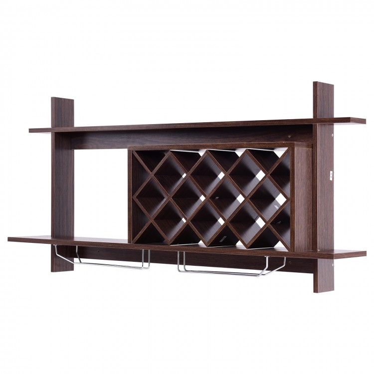 Wall-mounted wine rack with space for 10 bottles and 3 glasses, featuring a rustic finish for stylish storage.