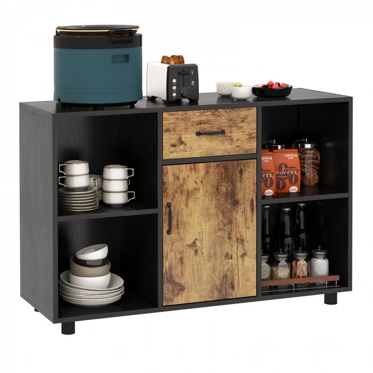 Industrial sideboard with rustic finish, featuring open cubbies and a drawer, perfect for dining room storage.