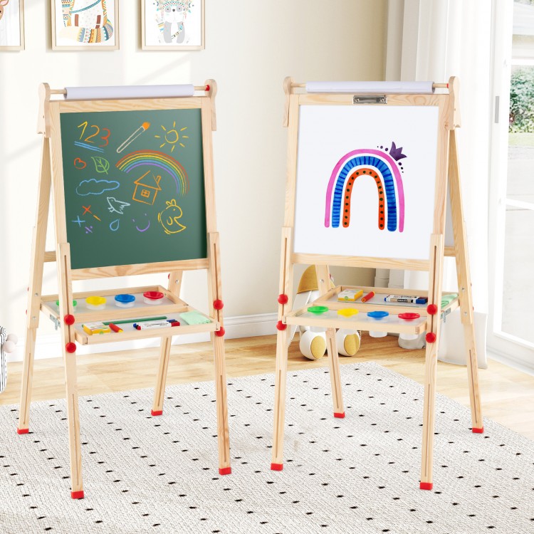 Double-sided wooden kids art easel with magnetic whiteboard and paper roll, adjustable height, and storage tray for.