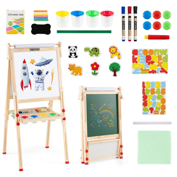 Double-sided wooden kids art easel with magnetic whiteboard, paper roll, and colorful accessories for creative play.