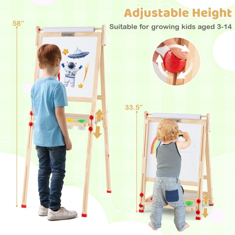 Adjustable height wooden kids art easel with paper roll, magnetic whiteboard, and storage tray for ages 3-14.