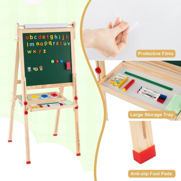 Double-sided wooden kids art easel with magnetic whiteboard, storage tray, and adjustable height for creative play.