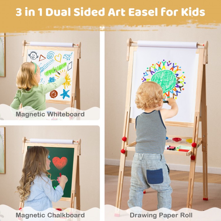 3-in-1 double-sided wooden kids art easel with magnetic whiteboard, chalkboard, and drawing paper roll for creative fun.
