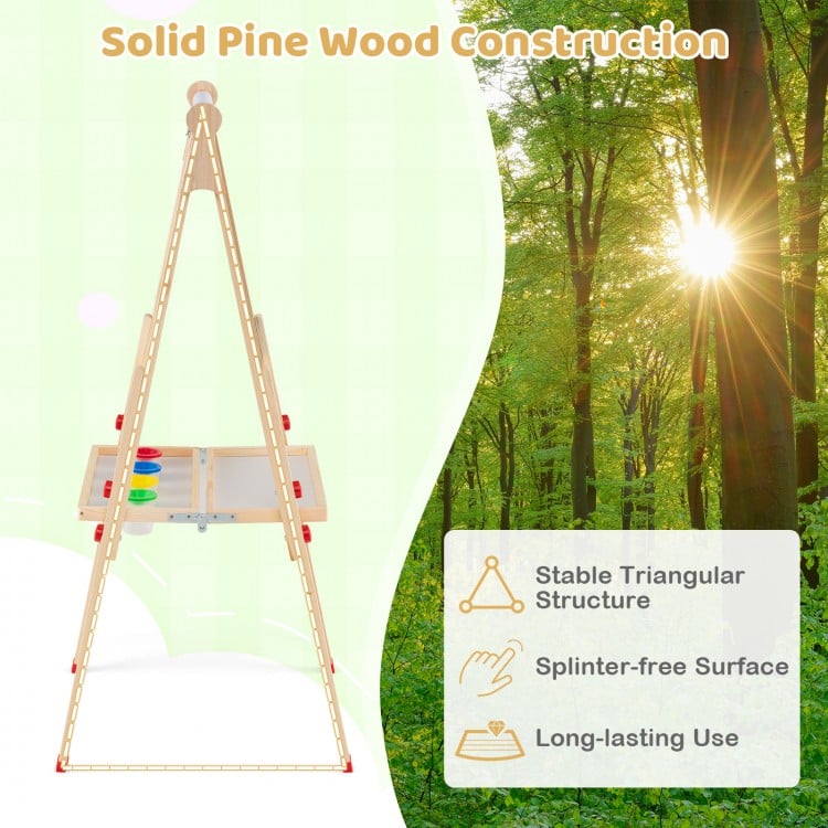 3-in-1 double-sided wooden kids art easel with solid pine wood, adjustable height, and spacious storage tray for.