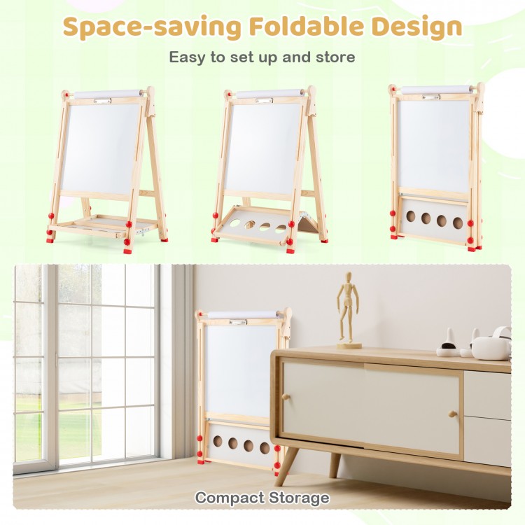 Double-sided wooden kids art easel with adjustable height, paper roll, and storage tray for creative play and.