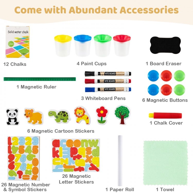 Double-sided wooden kids art easel with magnetic whiteboard, paper roll, and assorted accessories for creative play.