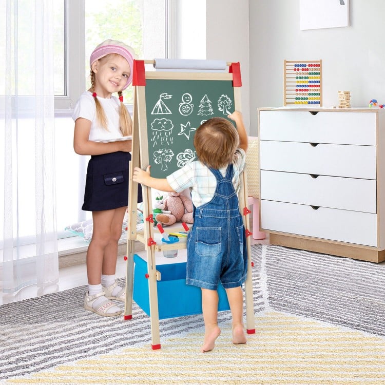 Adjustable 3-in-1 kid easel with chalkboard and whiteboard, featuring colorful accessories for creative play.