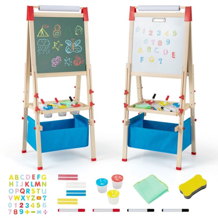 Double-sided adjustable kid easel in blue with magnetic chalkboard, whiteboard, and 60 accessories for creative play.