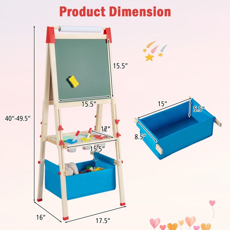 Adjustable 3-in-1 kid easel with magnetic chalkboard, storage tray, and accessories for ages 3-8, shown with dimensions.