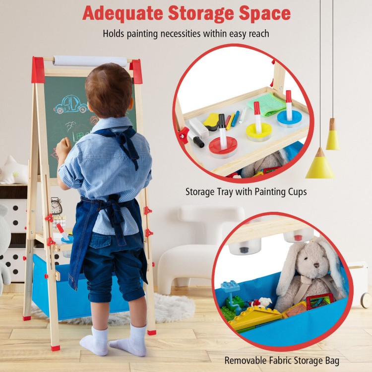 Double-sided adjustable kid easel in blue with storage tray, paint pots, and removable fabric bag for art supplies.