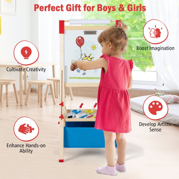 Adjustable double-sided kid easel in blue with magnetic chalkboard and whiteboard, perfect for ages 3-8.