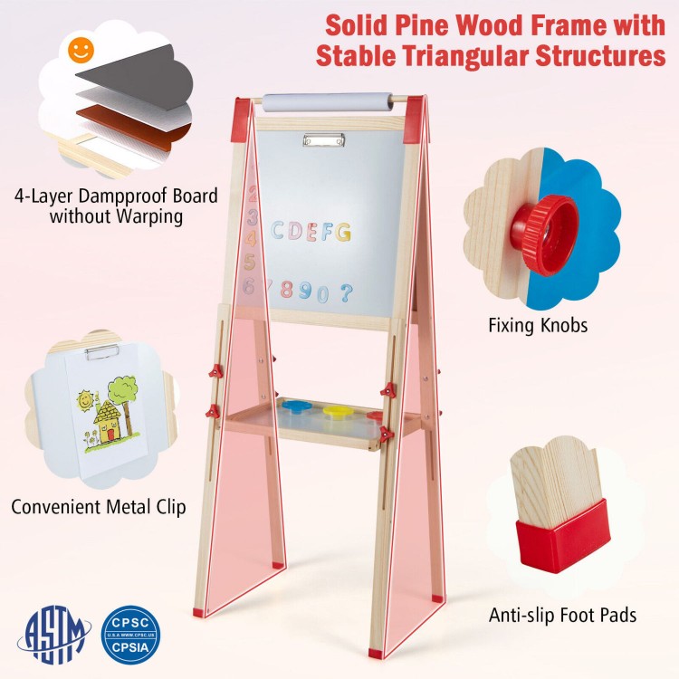 Double-sided adjustable kid easel in blue with magnetic chalkboard, whiteboard, and storage tray for ages 3-8.