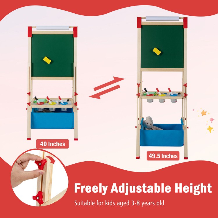 Double-sided adjustable kid easel, 40"-49.5" height, features chalkboard, whiteboard, and storage for ages 3-8.