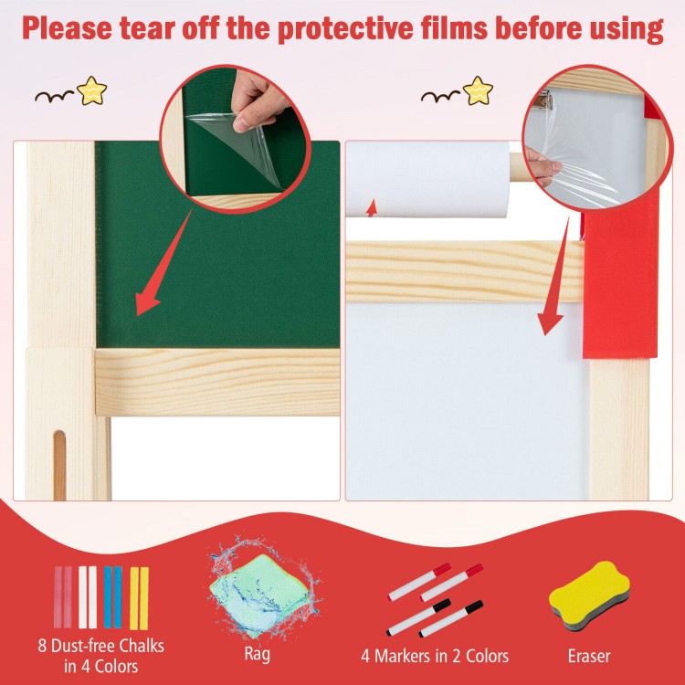 Adjustable double-sided easel with chalkboard and whiteboard, includes 60 accessories for kids aged 3-8 years.
