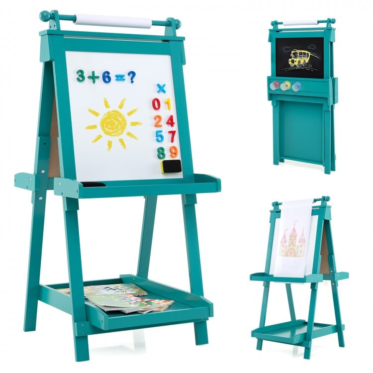 Double-sided green art easel with chalkboard and magnetic whiteboard, featuring storage trays for kids' creativity.