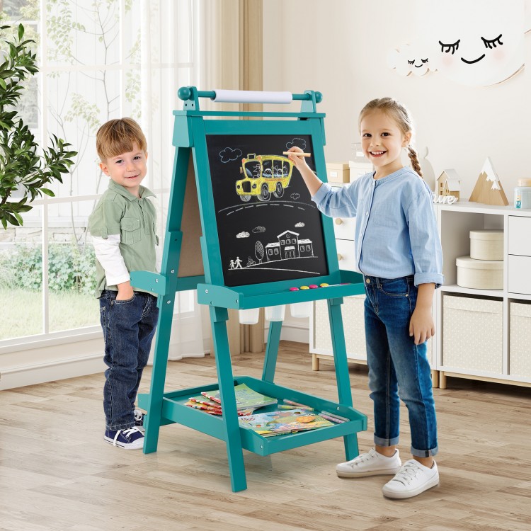 Double-sided art easel in green with chalkboard and magnetic whiteboard, perfect for kids' creativity and storage.