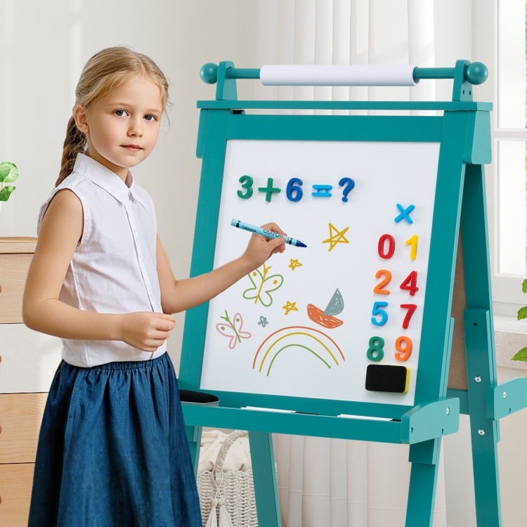Child using the 3-in-1 double-sided art easel with chalkboard and magnetic whiteboard for creative drawing and learning.