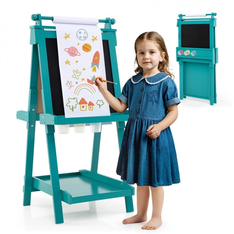 Double-sided art easel in green with chalkboard and magnetic whiteboard, perfect for kids' creativity and hands-on.