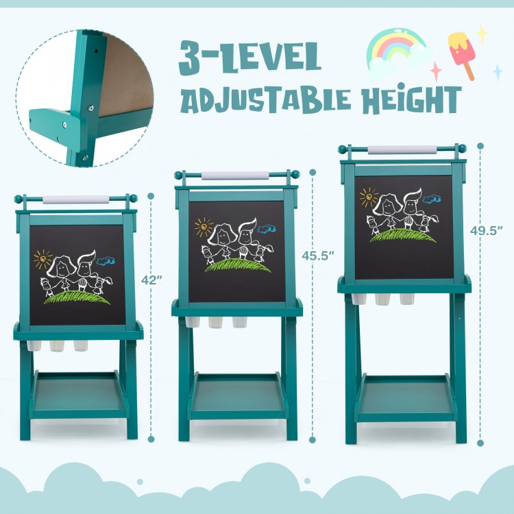 3-in-1 double-sided art easel in green with adjustable height, chalkboard, and magnetic whiteboard for kids' creativity.