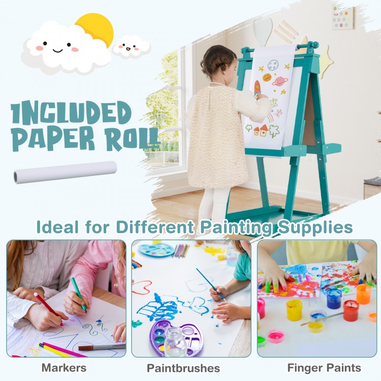 Double-sided art easel in green with chalkboard, whiteboard, and included paper roll for kids' creative activities.