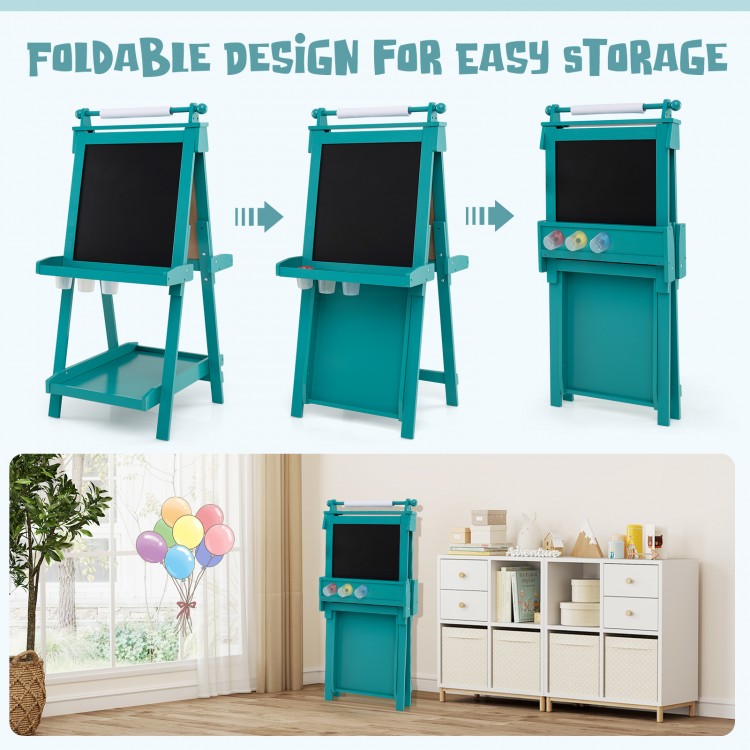 Double-sided art easel in green with chalkboard and magnetic whiteboard, featuring foldable design for easy storage.