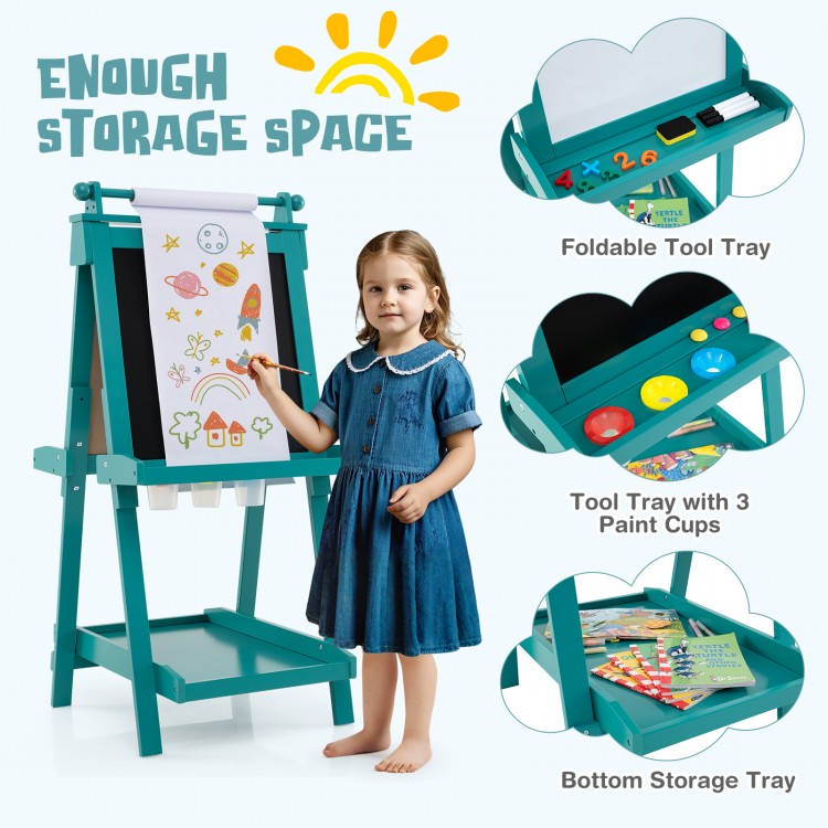 Double-sided green art easel with chalkboard and magnetic whiteboard, featuring foldable tool tray and storage for.